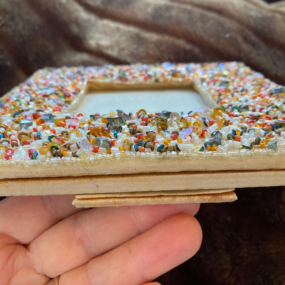 6” Square Beaded &‎ Sequined Cream Fabric Covered Photo Frame